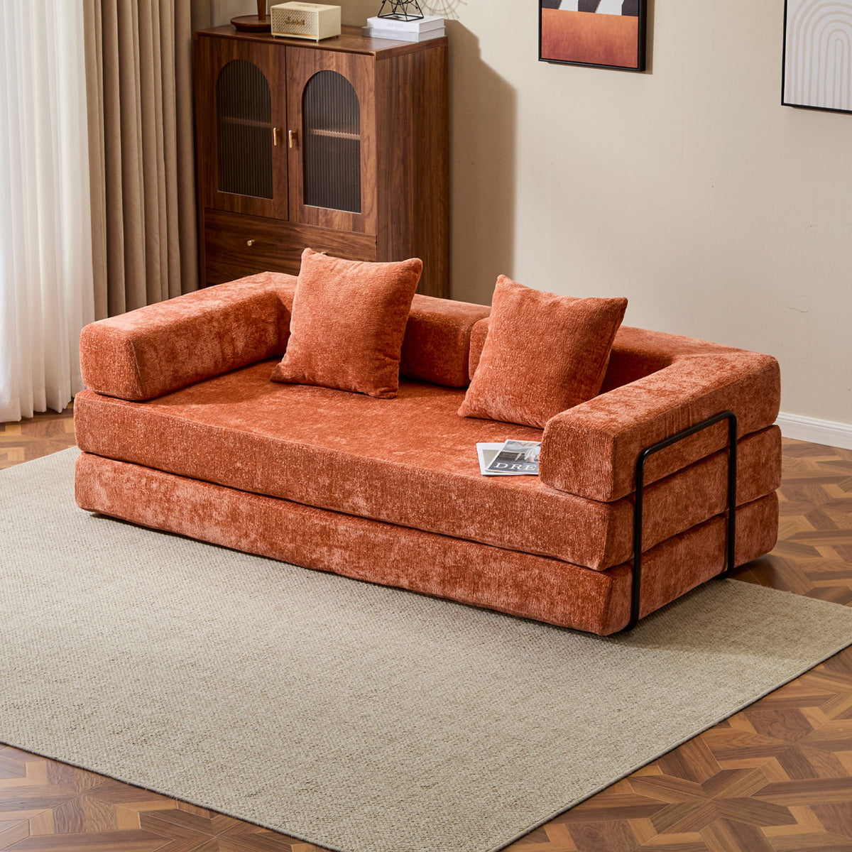 Convertible Floor Sofa Bed With Pillow Back Support Armrest