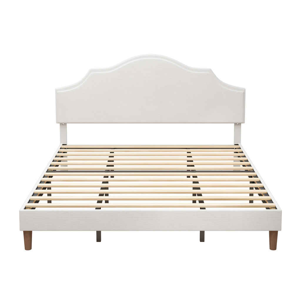 King Size, Upholstered Platform Bed Frame With Adjustable Headboard, No Box Spring Needed - White