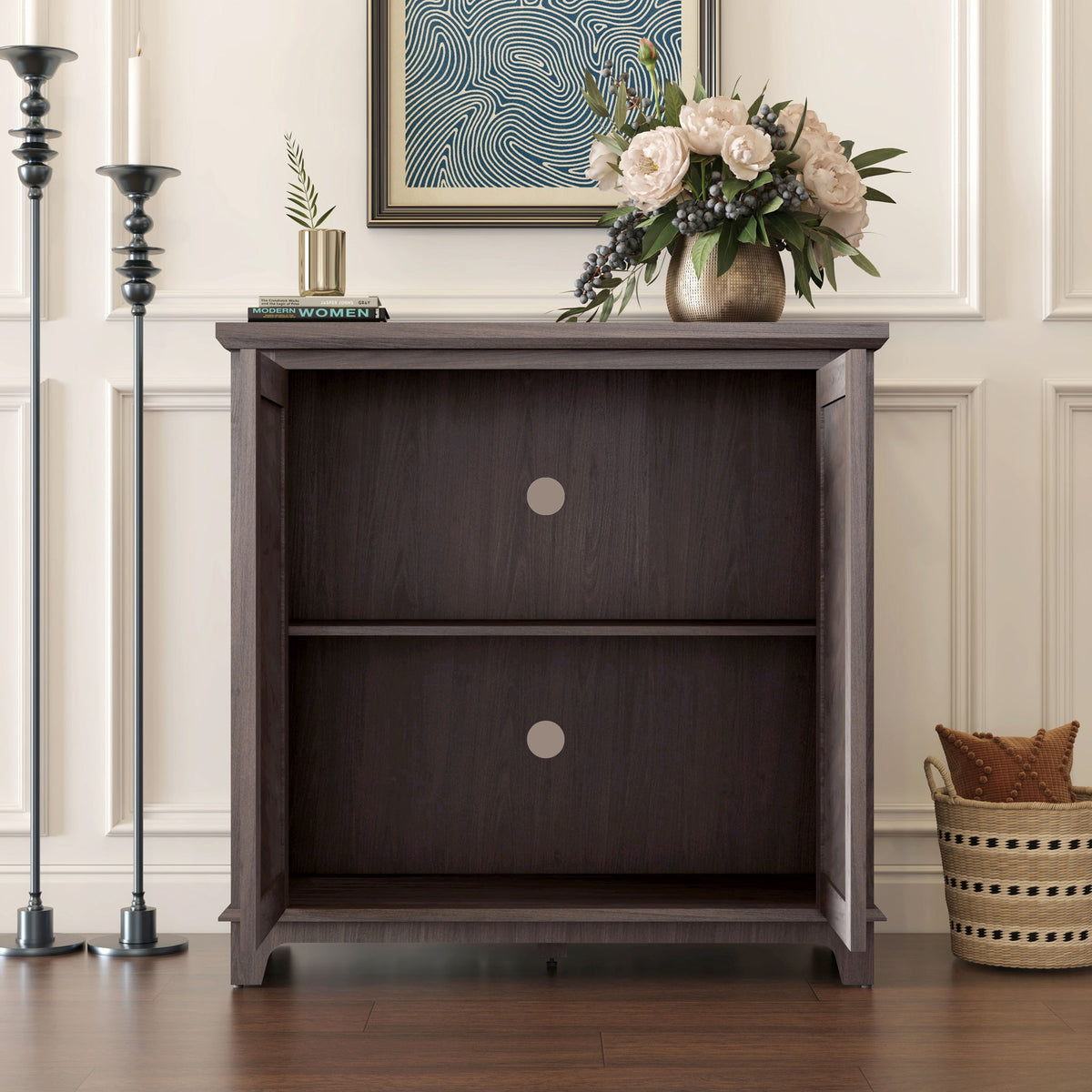 Elegant Sideboard With 2 Acrylic Mirrored Doors, Adjustable Shelf Storage