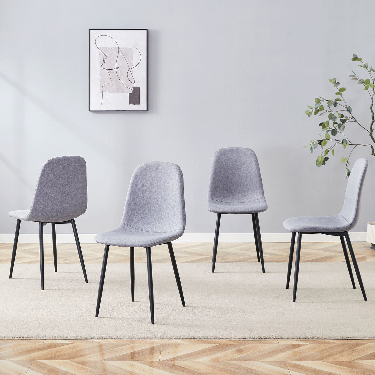 Luxury Simple Chair Linen Cotton High Resilience Dining Chair With Black Metal Legs (Set of 4) - Light Gray