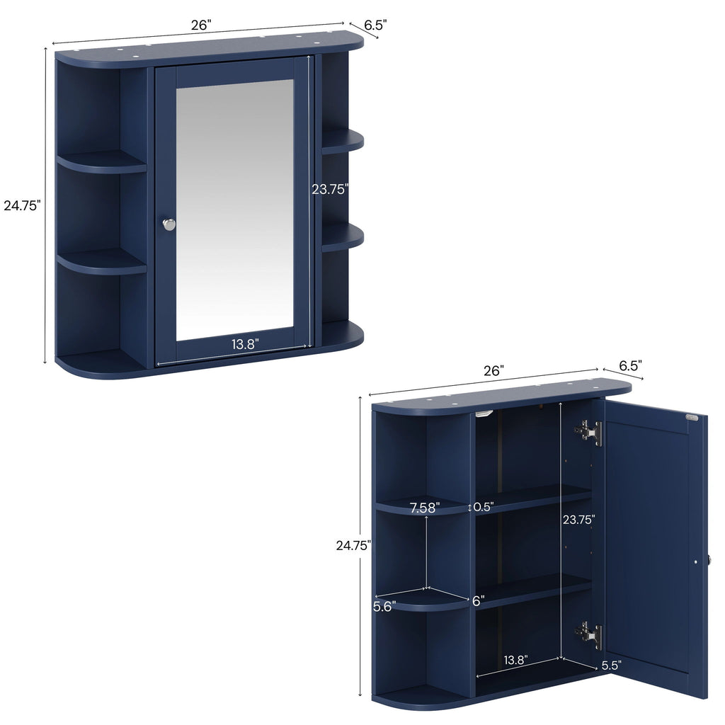 Bathroom Wall Storage Cabinet With Mirror And Adjustable Shelf, 6 Open Shelves