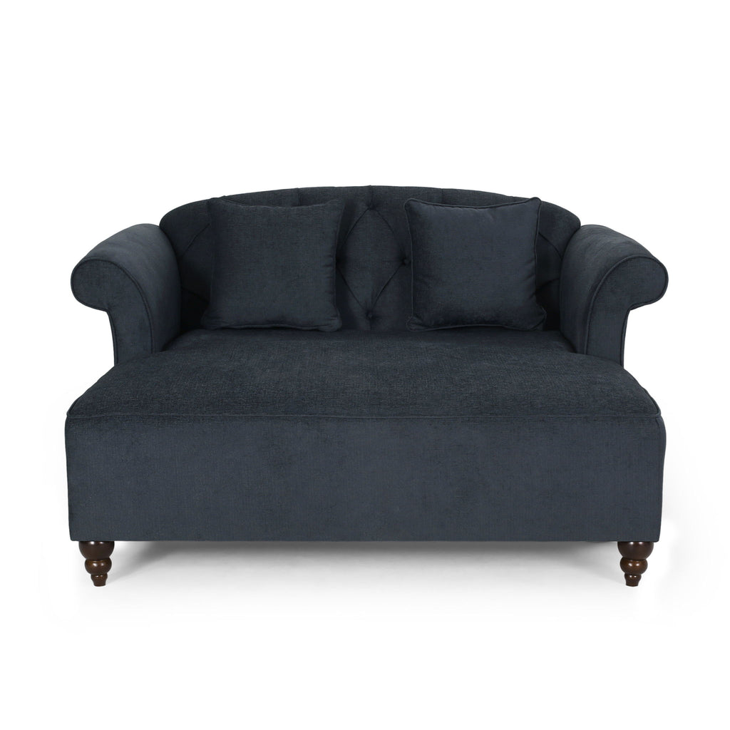 Upholstered Chaise Lounge & Scroll Arms, Turned Legs And 2 Pillows - Charcoal
