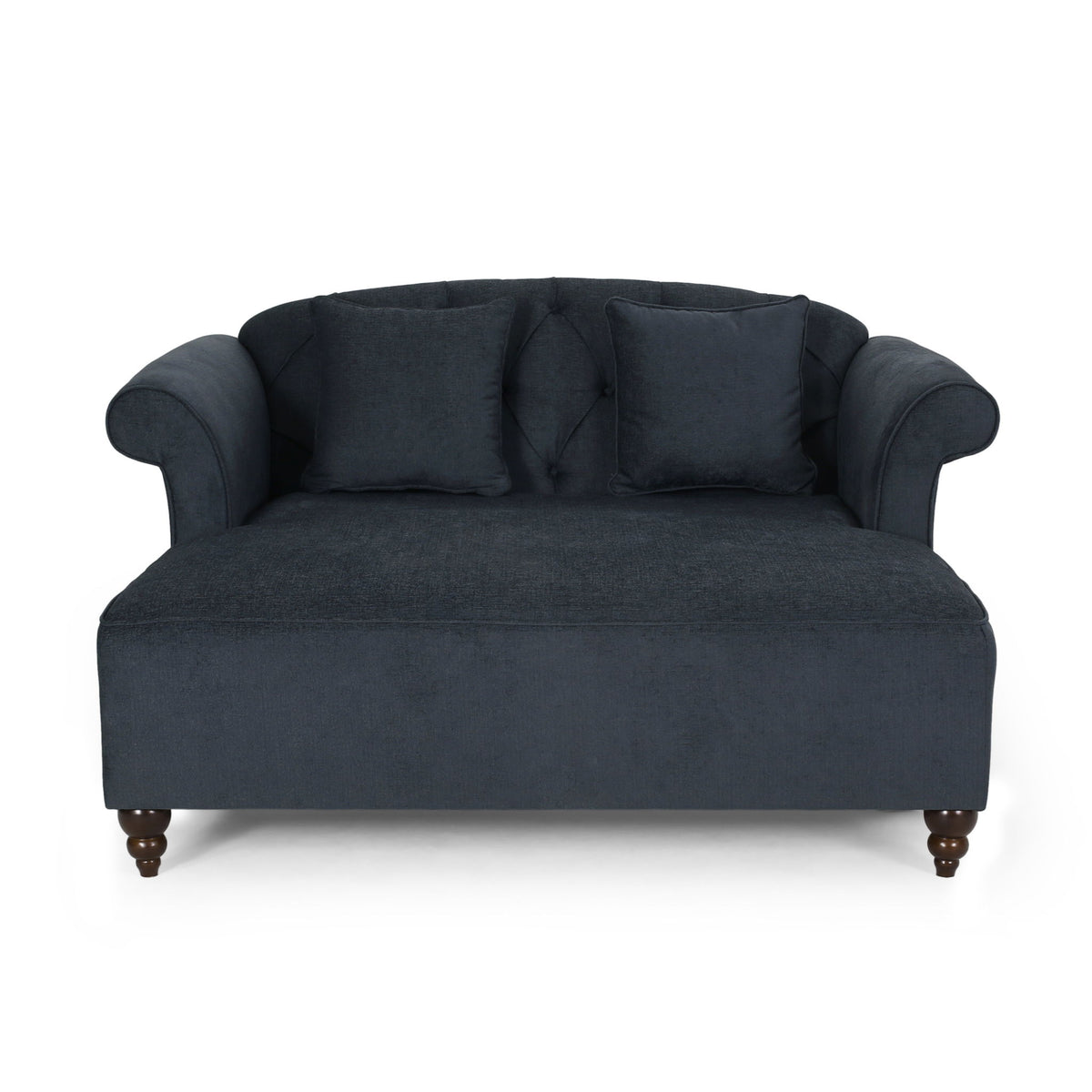 Upholstered Chaise Lounge & Scroll Arms, Turned Legs And 2 Pillows - Charcoal