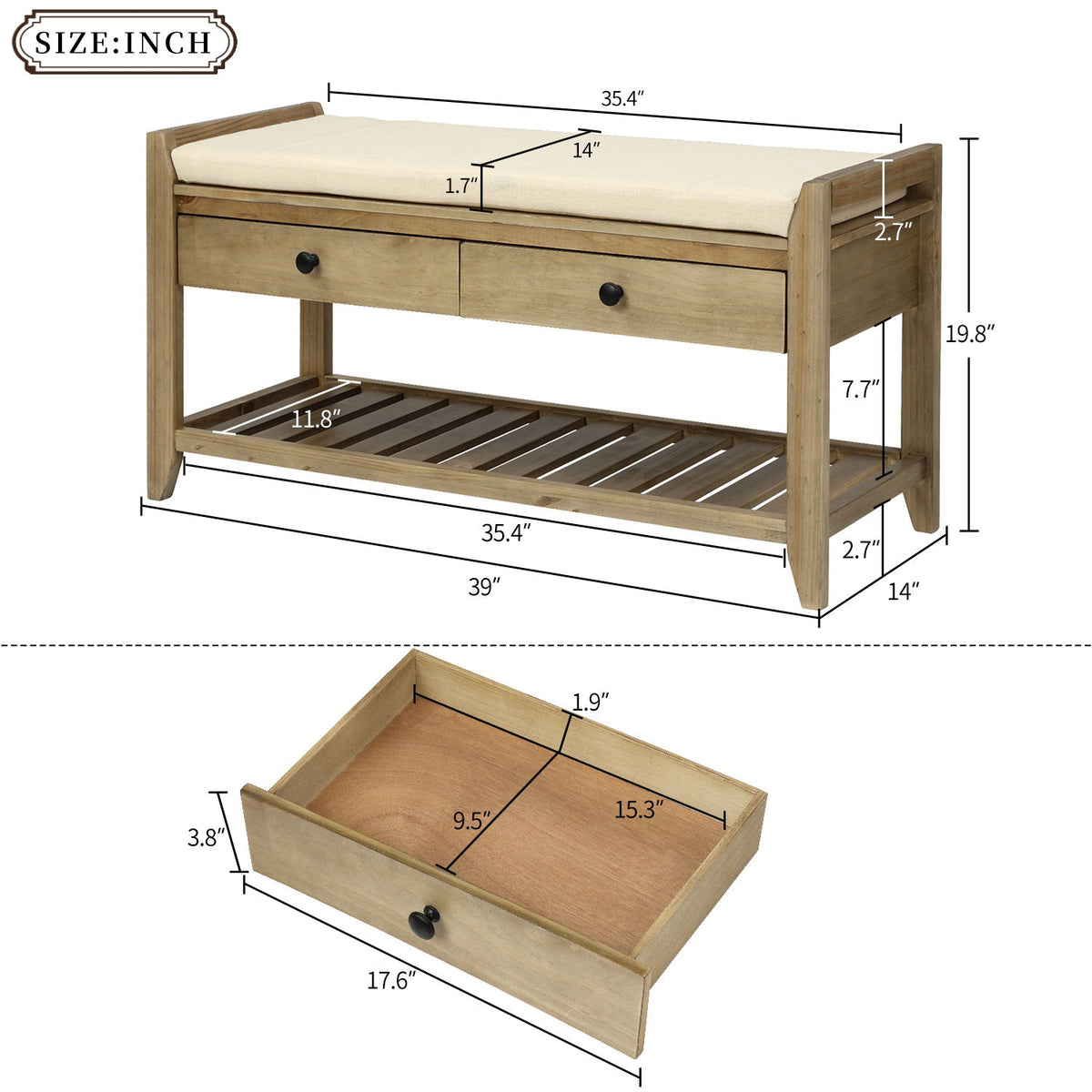 Shoe Rack With Cushioned Seat And Drawers Multipurpose Entryway Storage Bench Wash - Gray Wash