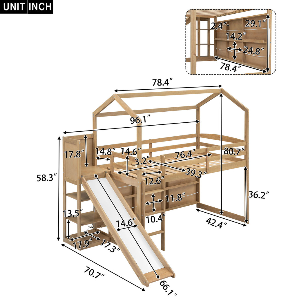 House Loft Bed With Slide, Storage Shelves And Light, Climbing Ramp