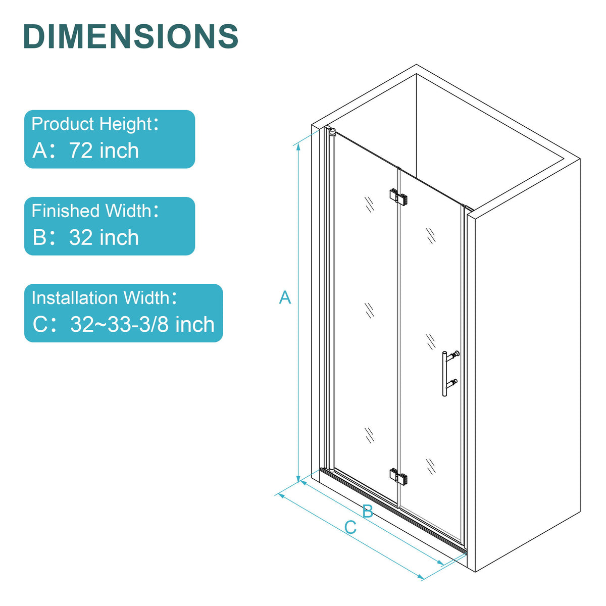 Fold Frameless Shower Door With Tempered Glass
