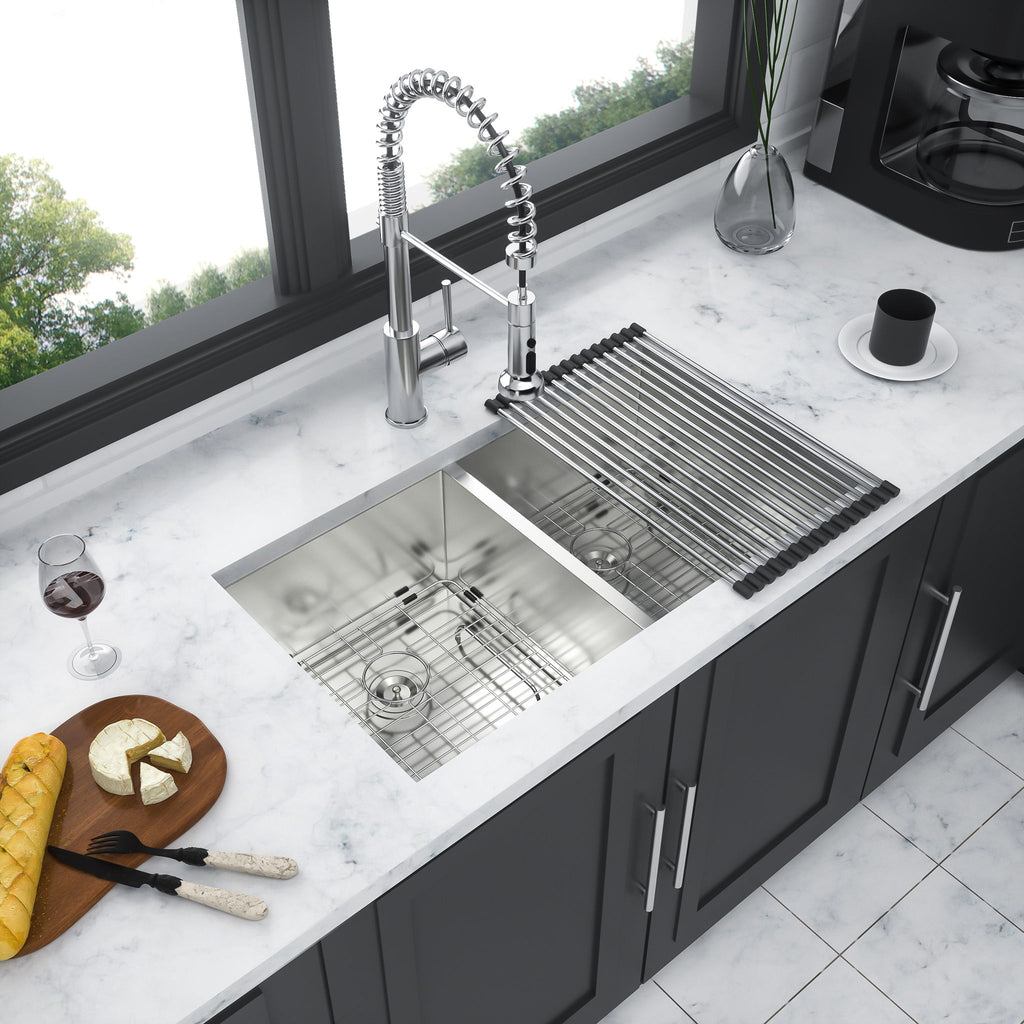 16 Gauge Undermount Double Bowl Kitchen Sink With 9" Deep Bowls - Brushed Nickel