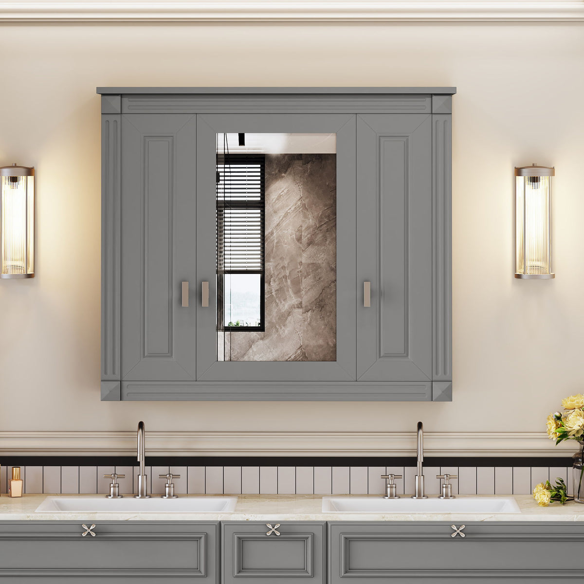 Wall Mounted Bathroom Cabinet With Mirror And 5 Shelves, Rectangular Design