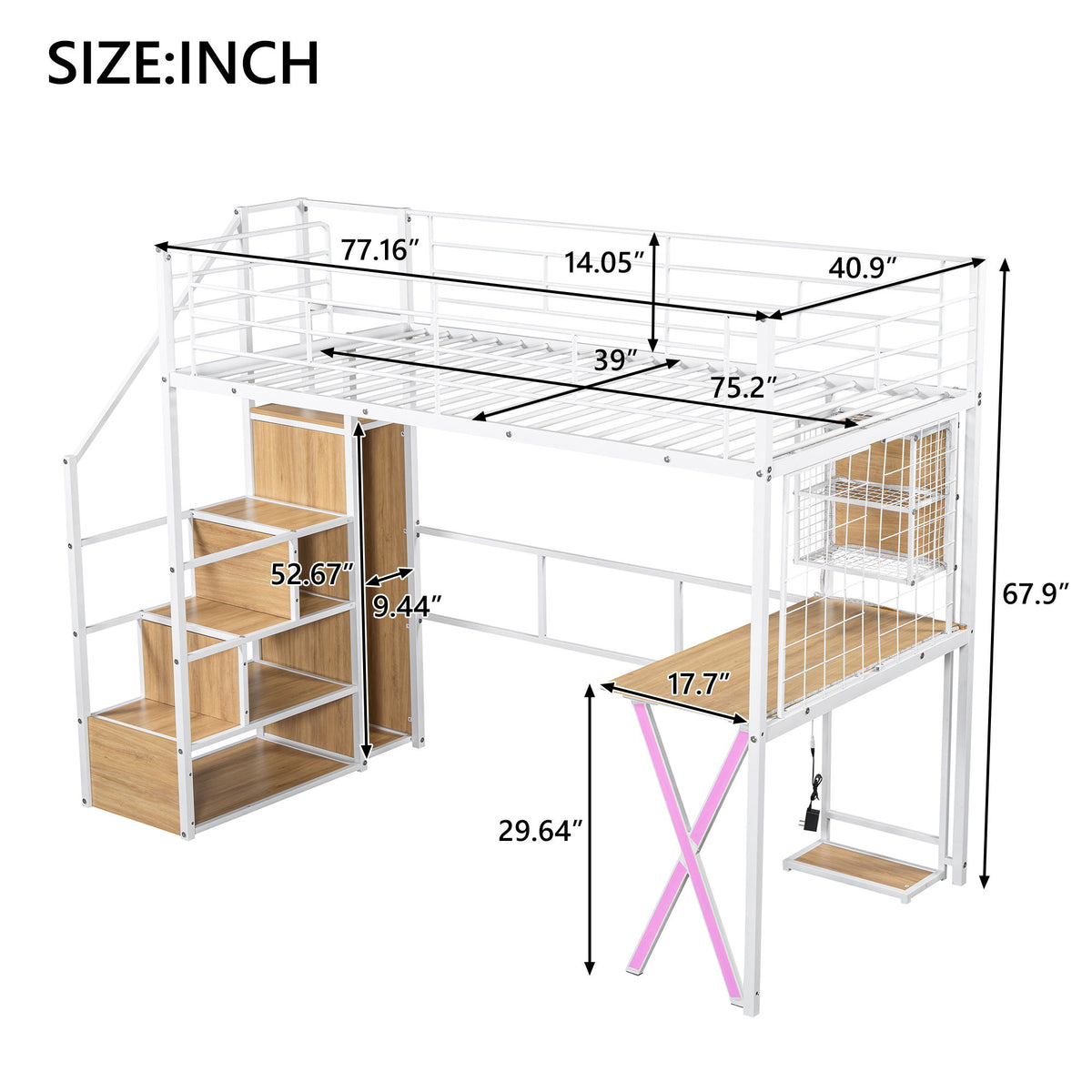 Loft Bed With Built In Work Station, Wardrobe, Storage Staircase And LED
