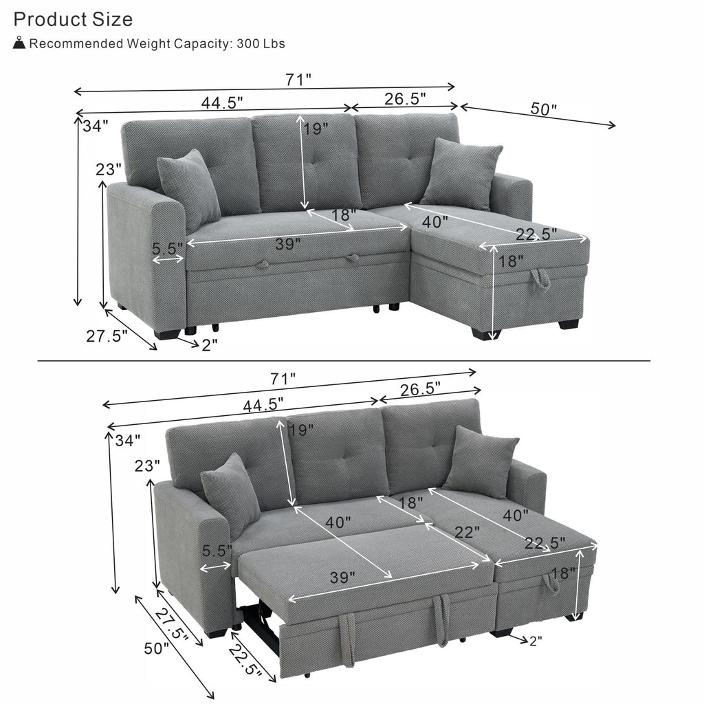 Sleeper Sectional With Pull Out Bed, Reversible Chaise