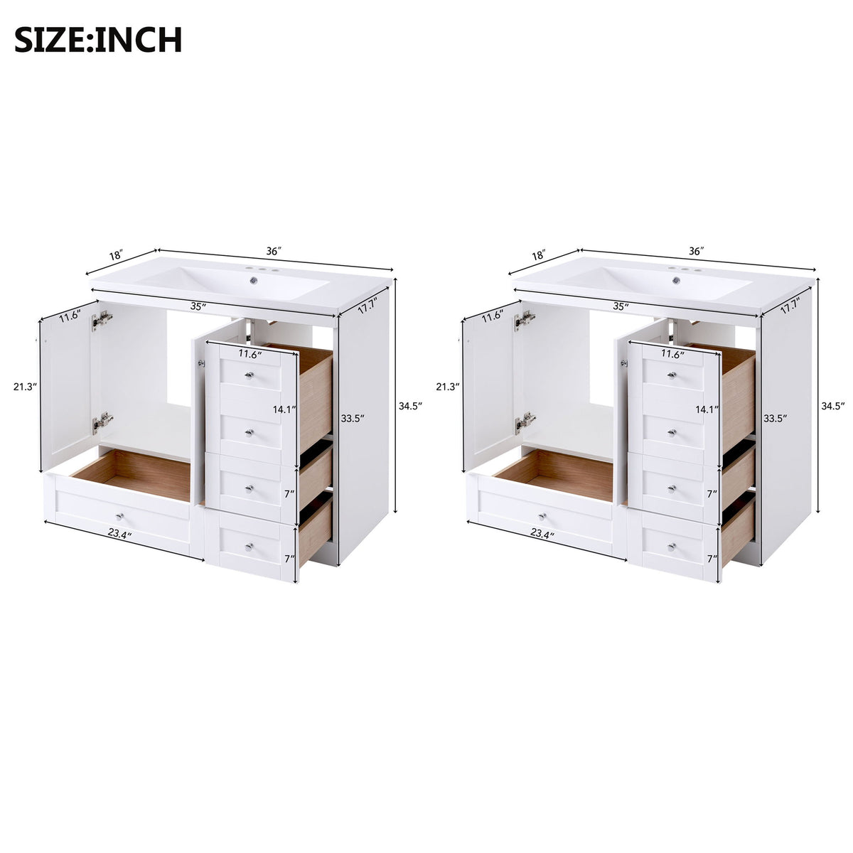 Shaker Free Standing Bathroom Vanity Cabinet & Sink, Soft Close Drawers, Soft Close Doors