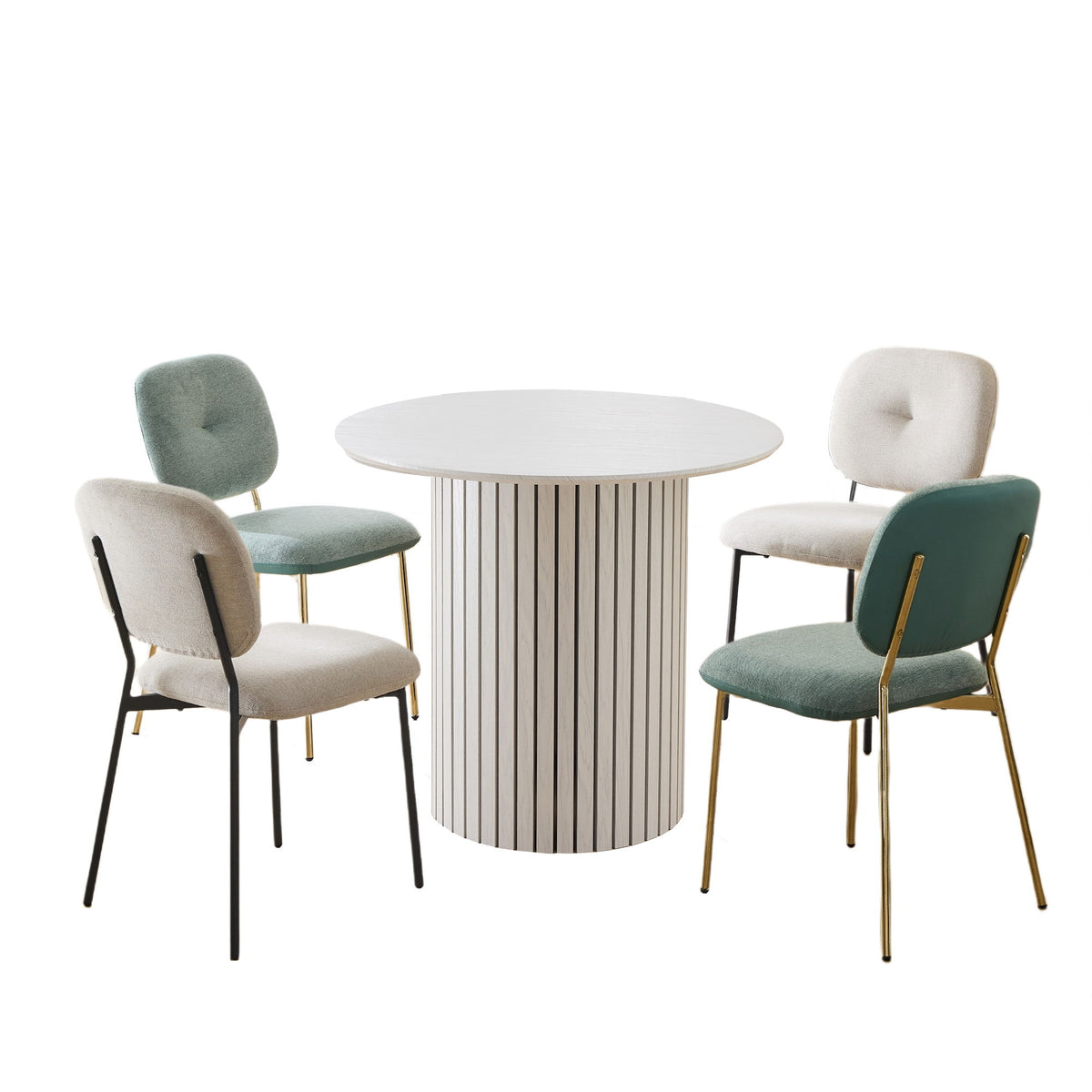 Modern 4 Person Dining Set With Bamboo & Table And Turquoise & Chairs Metal Legs, Space Saving Design - White