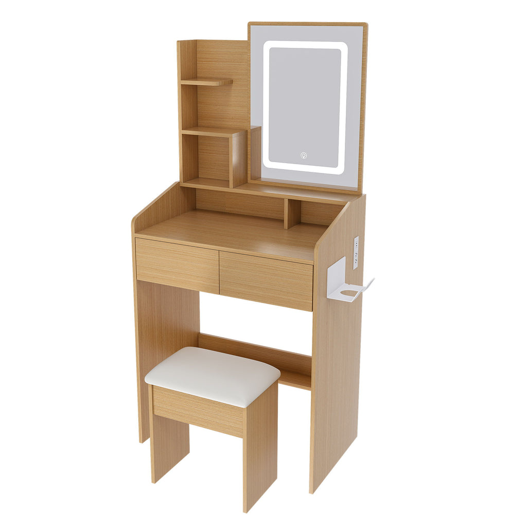 Vanity Table With LED Mirror, Power Outlet, Hairdryer Holder & Padded Stool, Compact Dressing Desk For Small Bedrooms - Wood