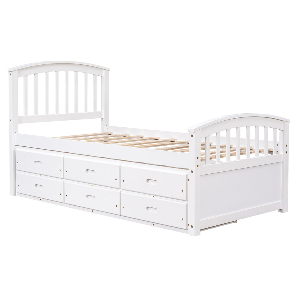 Twin Size Platform Storage Bed Solid Wood Bed With 6 Drawers - White