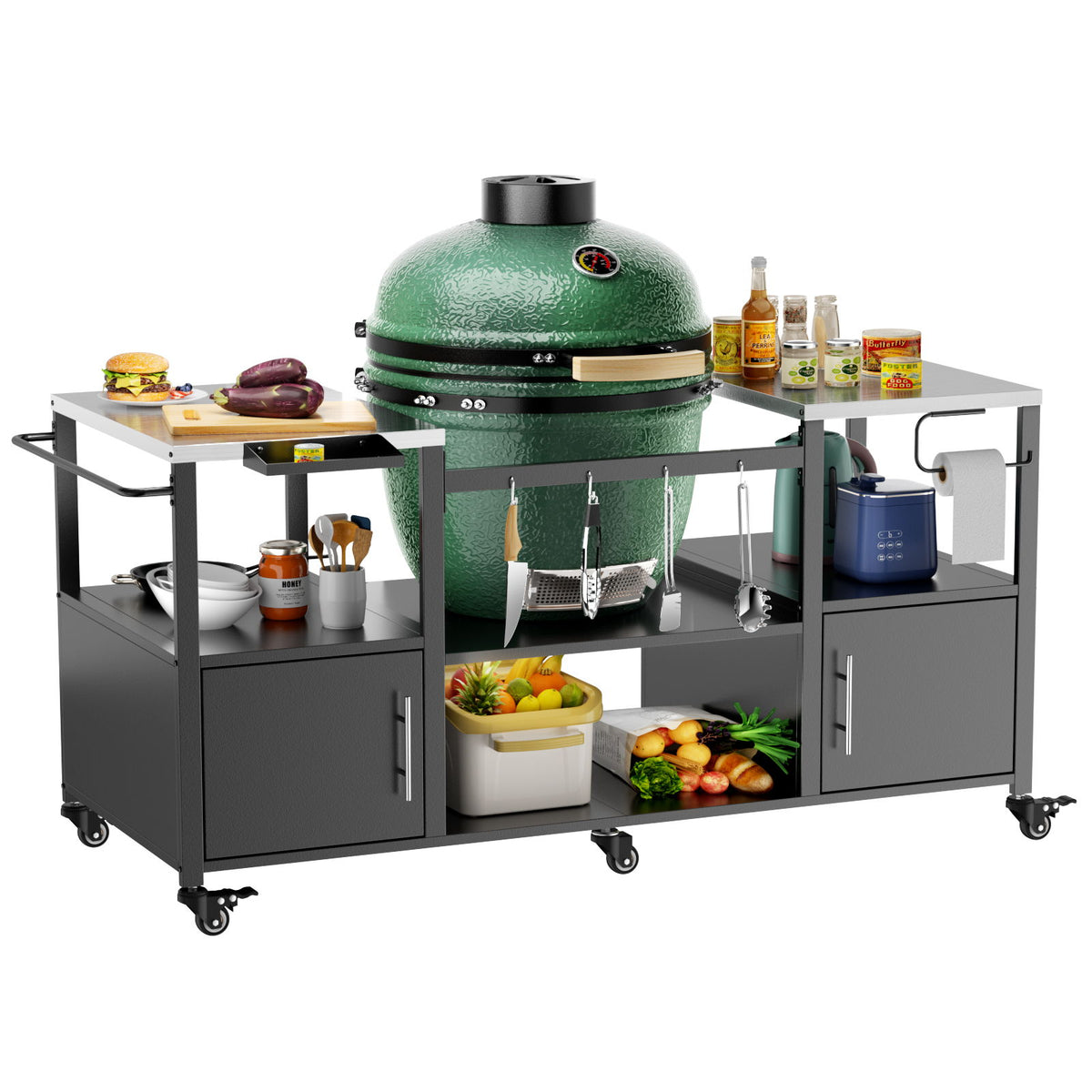 Outdoor Grill Table For Big Egg Style Bbq With Metal Grill Cart And Storage Box And Metal And Stainless Steel - Black / Silver