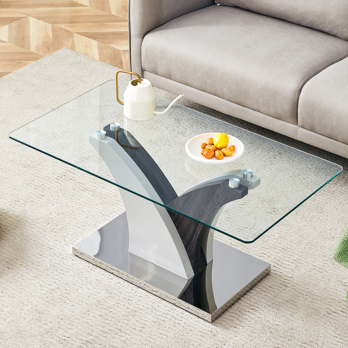 Artistic Rectangular Coffee Table With Tempered Glass Countertop