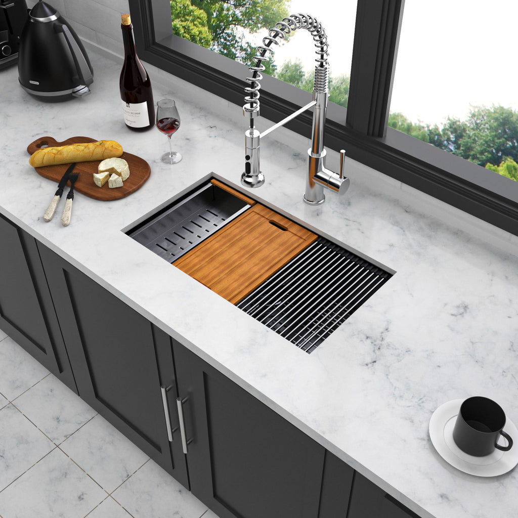 Workstation Kitchen Sink, Single Bowl Undermount 16 Gauge Stainless Steel - White