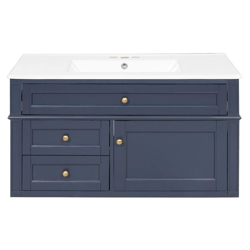 Modern Wall Mounted Floating Cabinet With Double Drawer And Sink