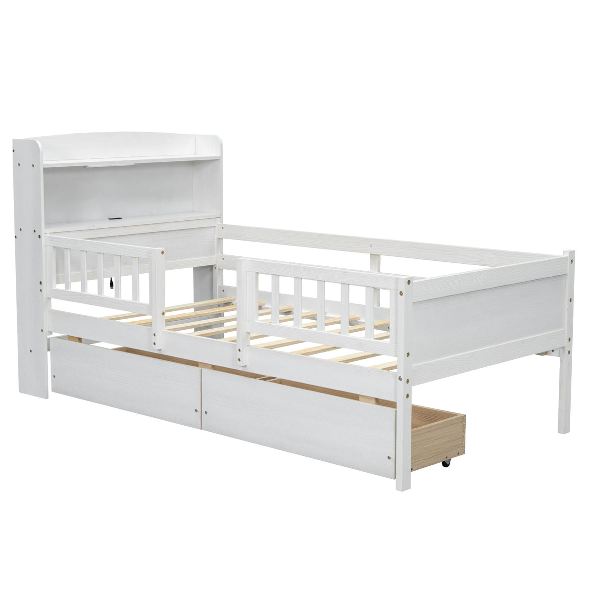 Platform Bed With LED Light, Multi Functional Headboard, Guardrail And 2 Drawers