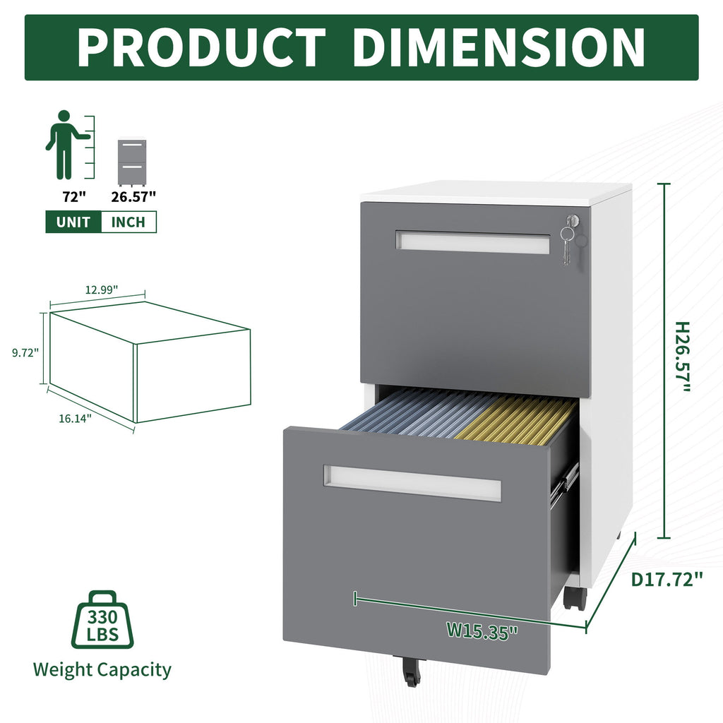 2-Drawer Mobile File Cabinet With Lock,On 360° Wheels, Holds A4/Letter/Legal Files - White
