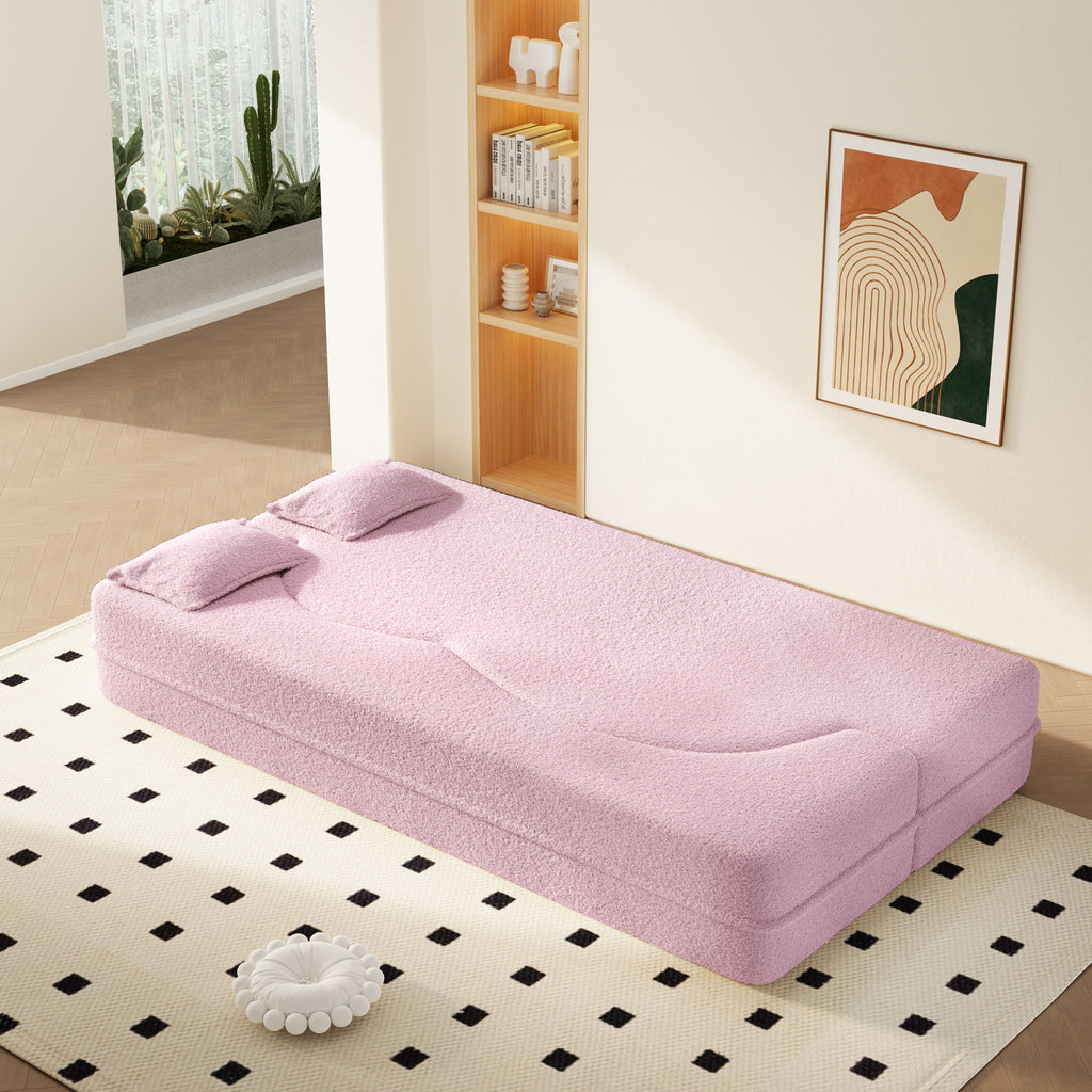 Modern Floor Sleeper Sofa Bed With 2 Pillows, Convertible Twin Size Folding Mattress For Living Room