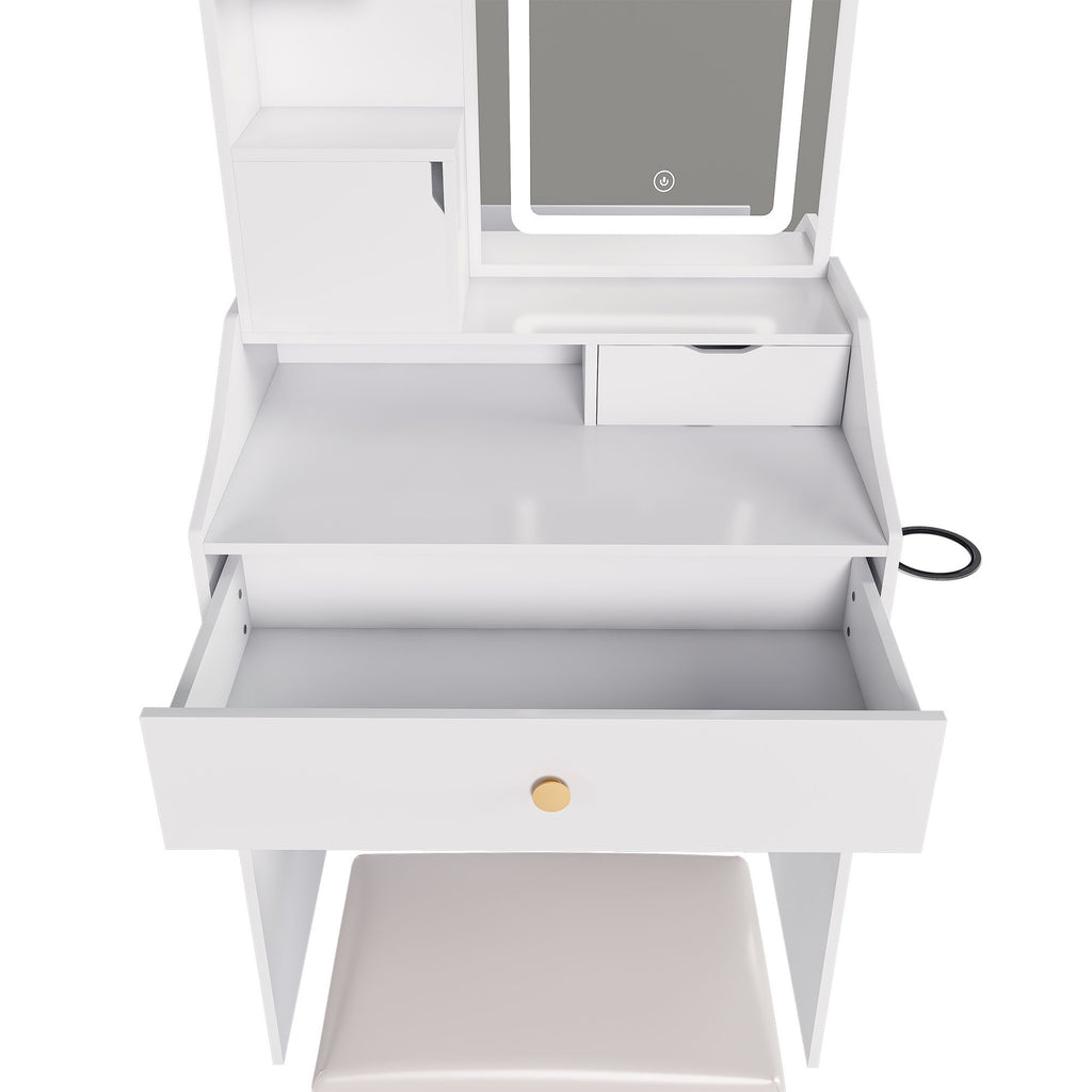 3 Color LED Vanity Mirror With Stool, 2 Drawers & 5 Storage Cabinets, Adjustable Lighting - White