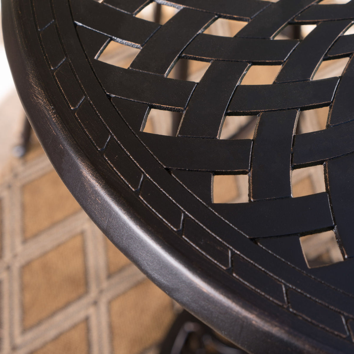 Elegant Cast Aluminum Round Bar Table With Romantic Filigree Design - Copper