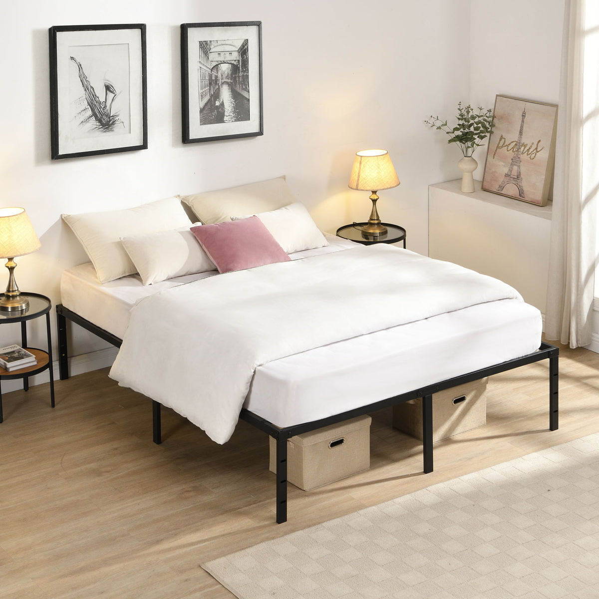 Heavy Duty Queen Size Bed Frame With Quiet Support - Black