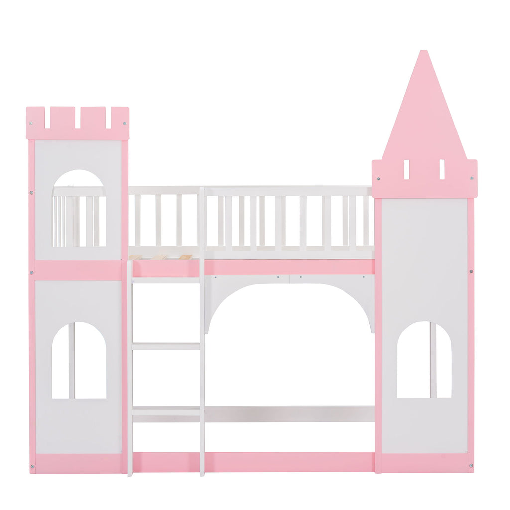 Twin Over Twin Castle Bunk Bed With Ladder - Pink