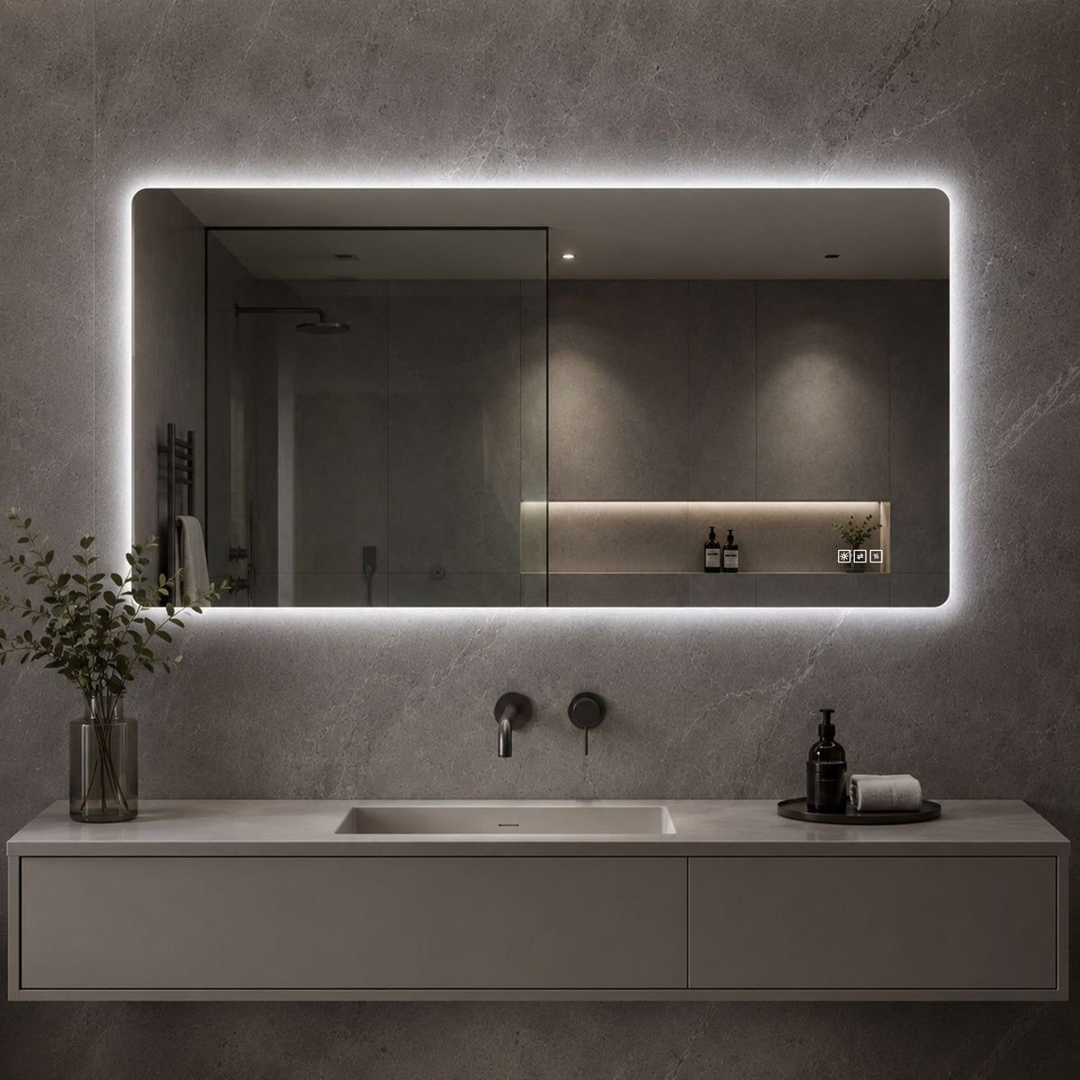 48" X 24" LED Bathroom Mirror, Rounded Rectangle Backlit Vanity Mirror With Anti Fog, 3 Color Dimmable Lighting, Memory Function, Horizontal Or Vertical Wall Mount - Clear