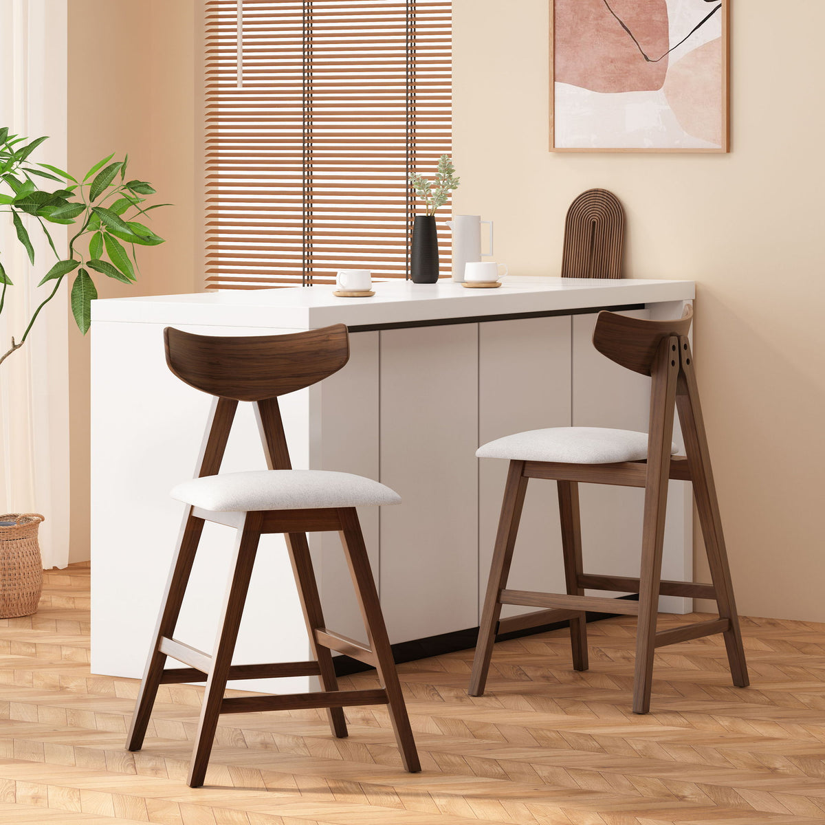 Mid Century Modern Counter Stool With V Shape Frame And Upholstered Seating