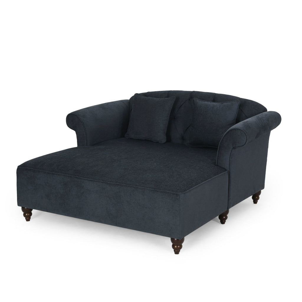 Upholstered Chaise Lounge & Scroll Arms, Turned Legs And 2 Pillows - Charcoal