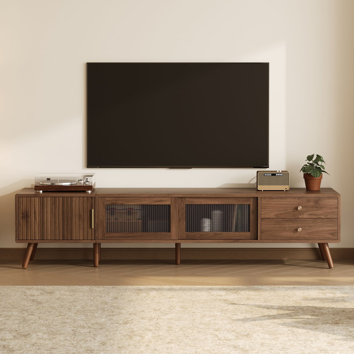 Doors TV Stand For TVs Up To 85", Entertainment Center With Storage Cabinets, TV Media Console Table For Living Room - Natural