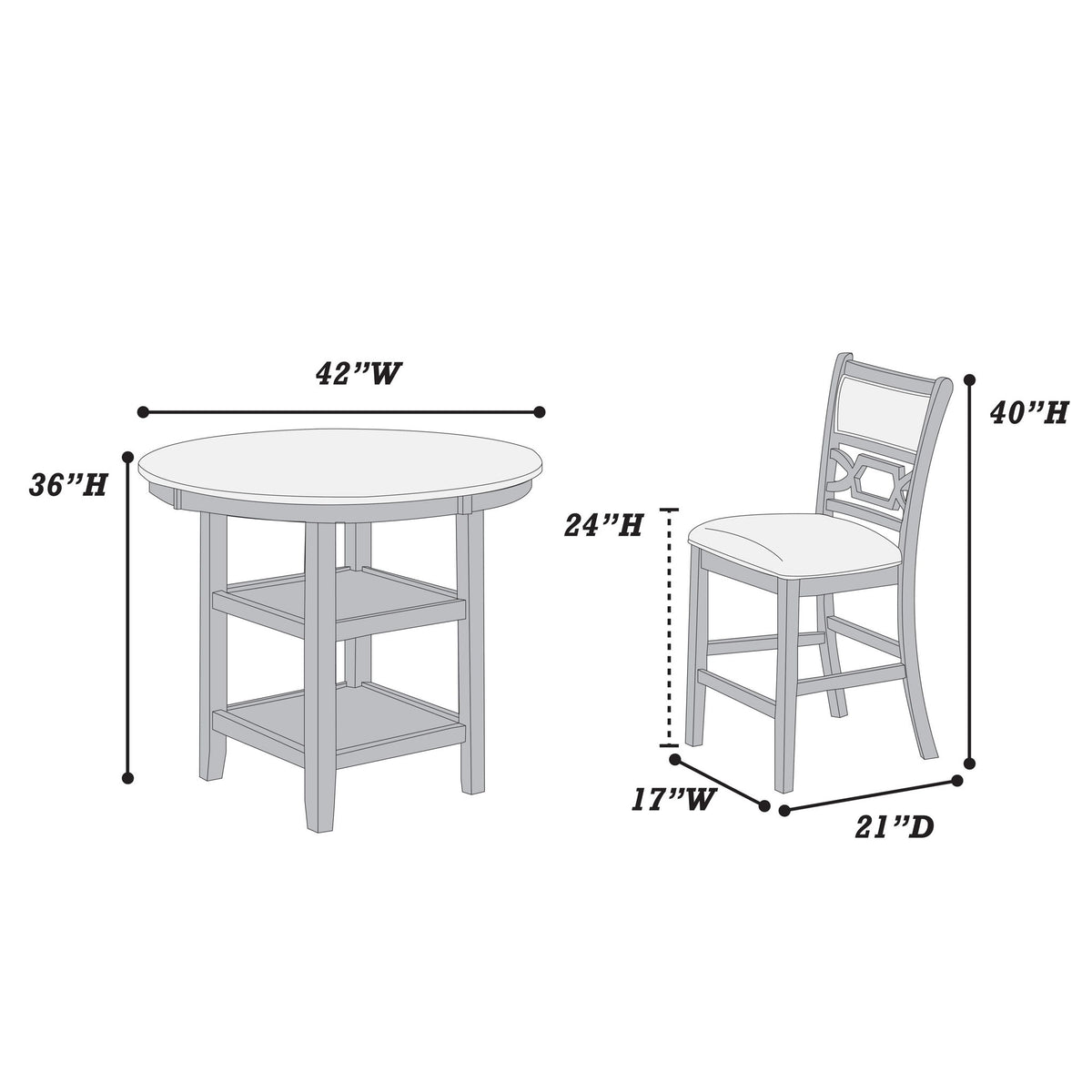 5 Piece Counter Height Dining Set With Storage Shelves Round Table And Upholstered High Chairs - Gray