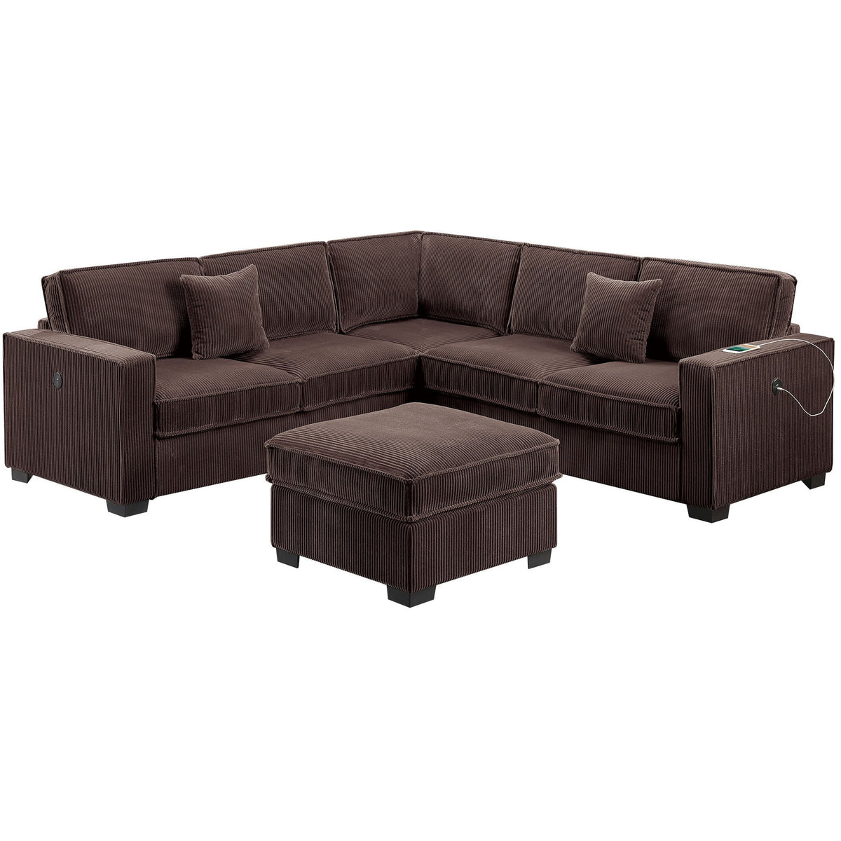 4 Piece Sectional Set With USB Ports, Left Arm Facing / Right Arm Facing Loveseat, Corner Wedge, Cocktail Ottoman, 2 Pillows - Chocolate