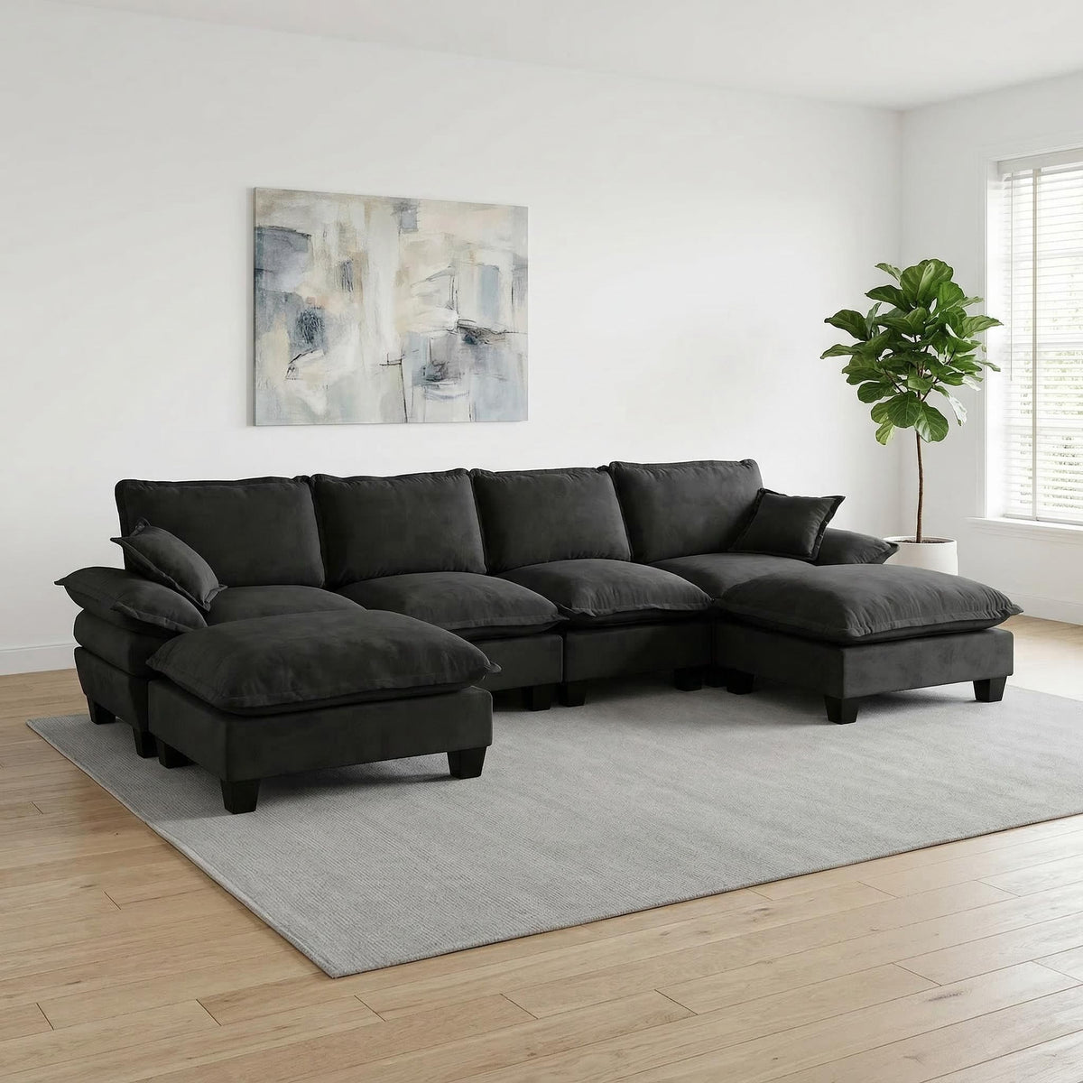 Modular Sectional Sofa With Movable Ottoman & Pillows