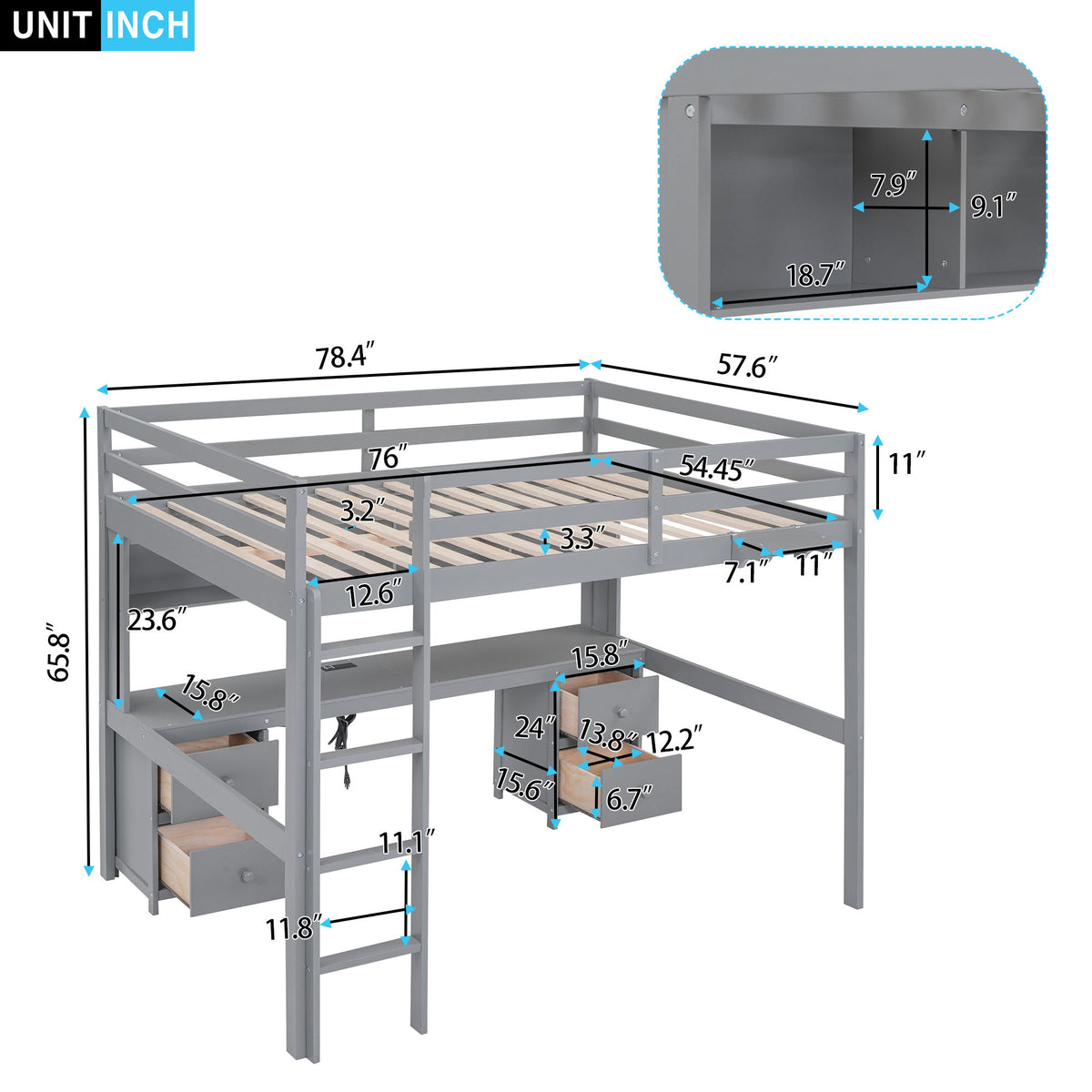 Loft Bed With Desk, Cabinets, Drawers, Charging Station And Bedside Tray
